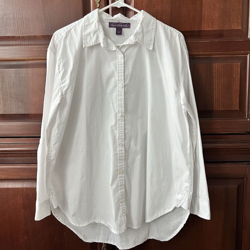 Gloria Vanderbilt Women's Collar Long Sleeve Button-Up Shirt 100% Cotton White L